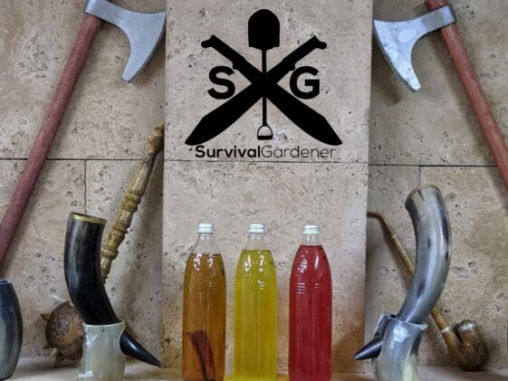 Mead bottles on display with drinking horns and battle axes