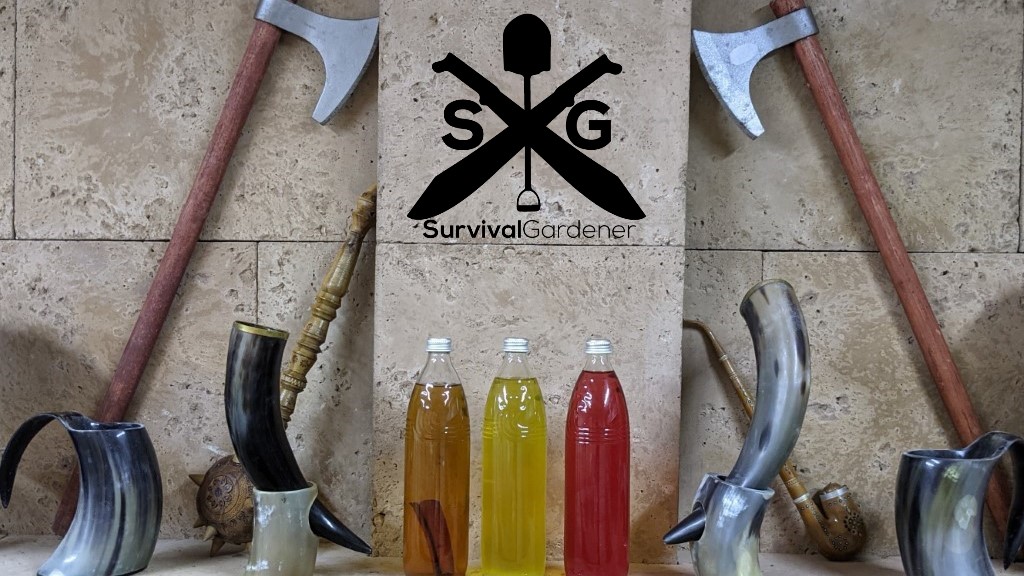 Mead bottles on display with drinking horns and battle axes